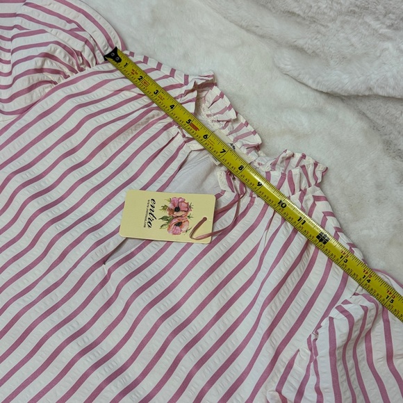 Entro White & Pink Stripe SearSucker Mini Dress, Exaggerated Balloon Sleeves - Picture 12 of 16